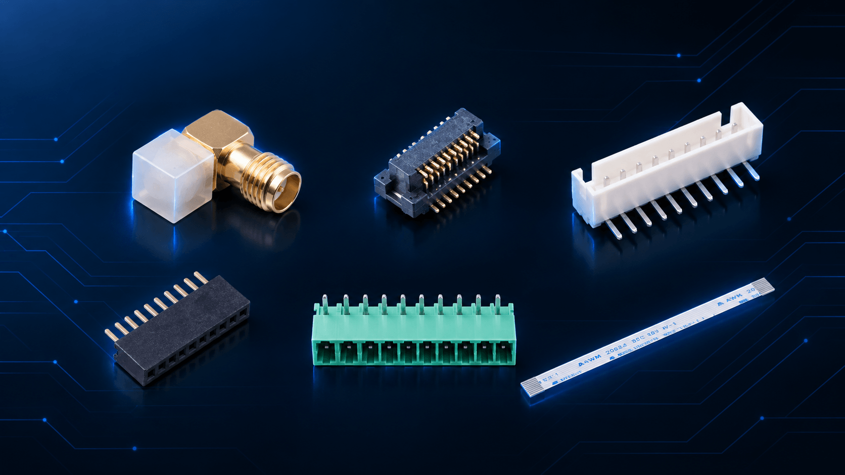 six connector families: RF, board-to-board, wire-to-board, FFC/FPC, pin header, terminal block