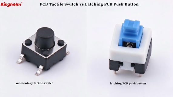 Kinghelm PCB switch samples. Left: momentary tactile switch; Right: latching PCB push button switch. Both belong to the broad push button switch family but differ in working mechanism.